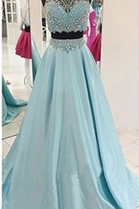 Two Pieces Long Prom Dress,ice Blue Beading Stain Long Prom Dresses