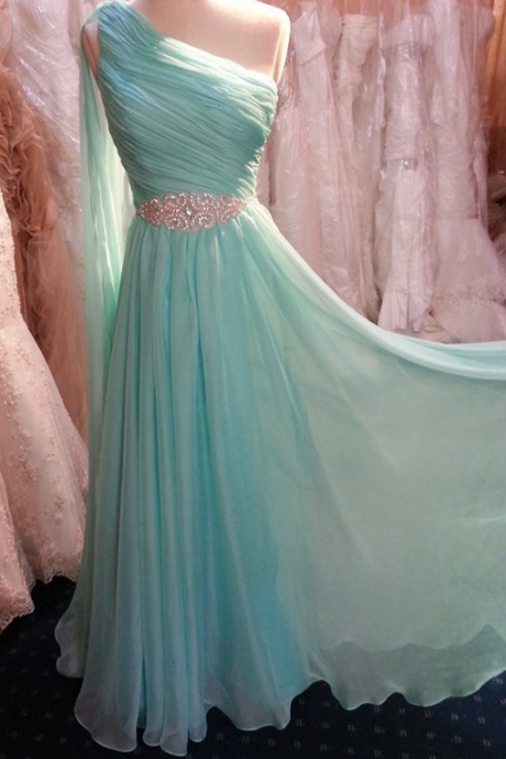 Charming Prom Dress,pretty One Shoulder Mint Long Chiffon Prom Dress