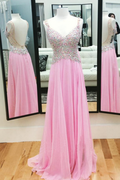 High Quality Prom Dress,Unique Prom Dress,Sexy V-Neck Prom Dress,Pink Rhinestone Prom Dress,Formal Prom