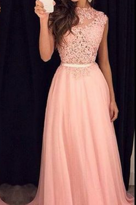 High Quality Prom Dress,Prom Dress, Pink Lace Prom Dress