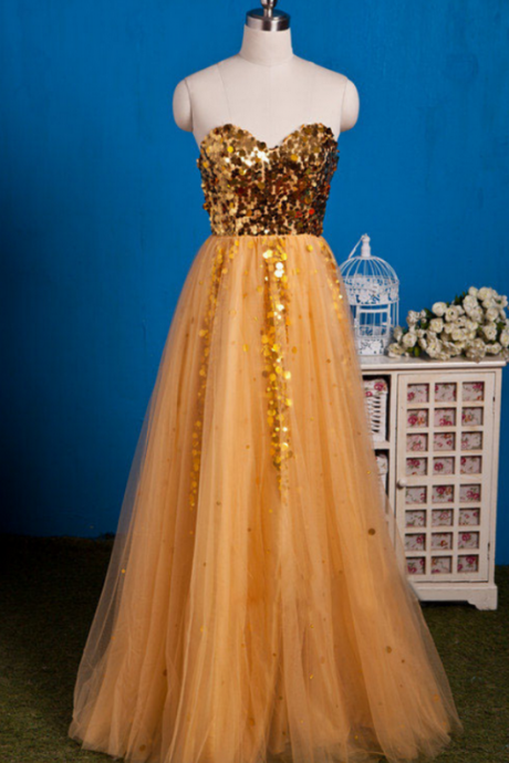 Strapless Sweetheart Sequin Beaded Tulle A-line Floor-length Prom Dress, Evening Dress