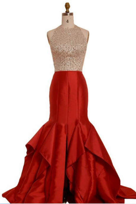 Style Red Satin Backless Evening Dress Formal Gowns