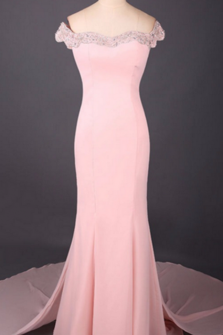 Off-the-shoulder Beaded Chiffon Mermaid Long Prom Dress, Evening Dress