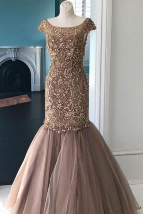 Unique Round Neck Prom Dresses,tulle Sequin Beads Prom Dress,mermaid Long Prom Evening Dress