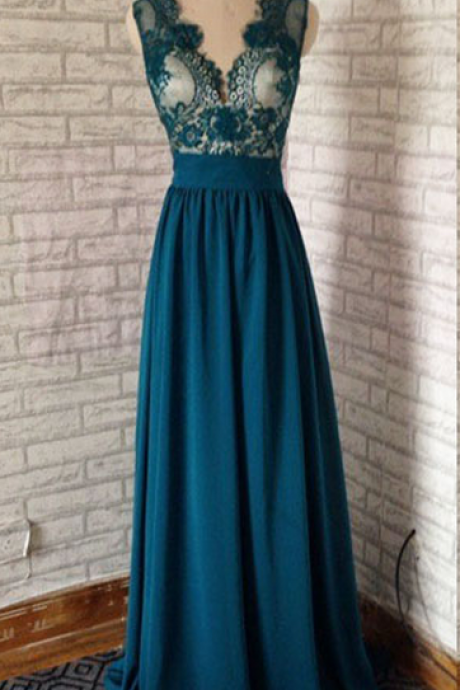 Ulass Emerald Green Prom Dress,fashion V Neck Backless Top Lace Emerald Green Long Chiffon Prom Dress
