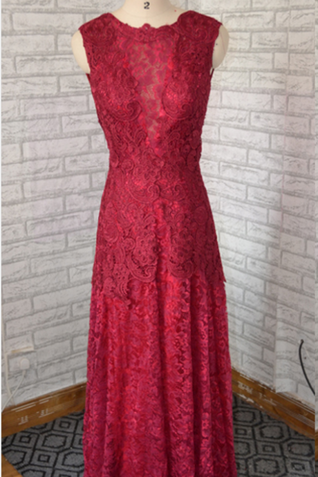 Lace Prom Dress,burgundy Prom Dress, Long Lace Party Dress