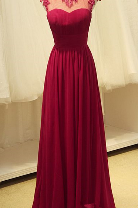 High Quality Handmade A-line Rose-red Chiffon Floor Length Backless Prom Gown