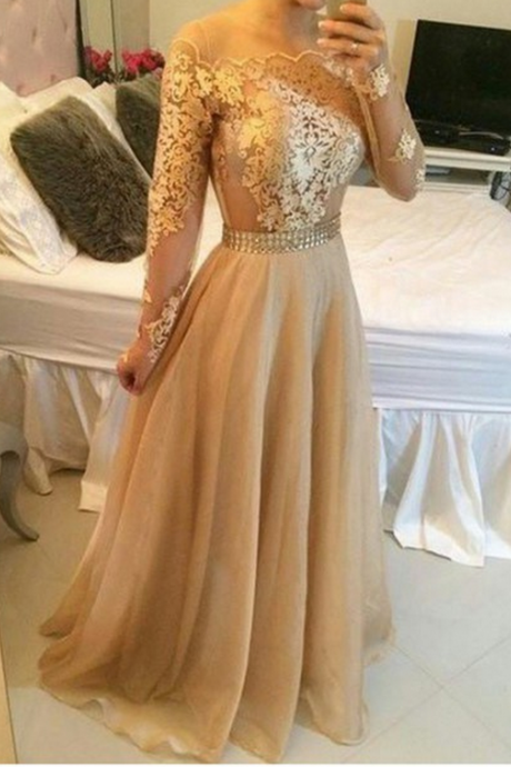 Appliques Gold Prom Dresses, Floor-length Prom Dresses, Real Made Evening Dresses