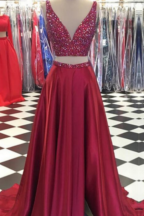 Two Piece Prom Dress,Sexy prom Dress,Crystal Beaded Prom Dresses,