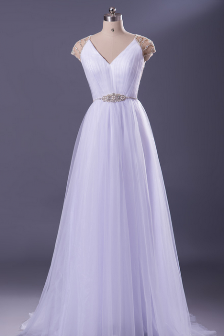 White Beaded Sheer Back Wedding Dress Cap Sleeves V Neck A Line Tulle Overlay Long Bridal Gown Women Formal Dress Custom Made