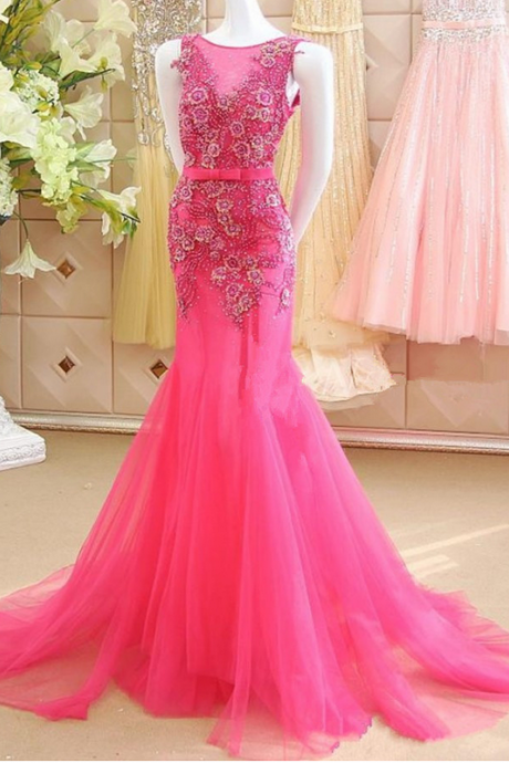 Hot Pink Mermaid Scoop Appliques Tulle Prom Dress with Belt,Maxi Dress