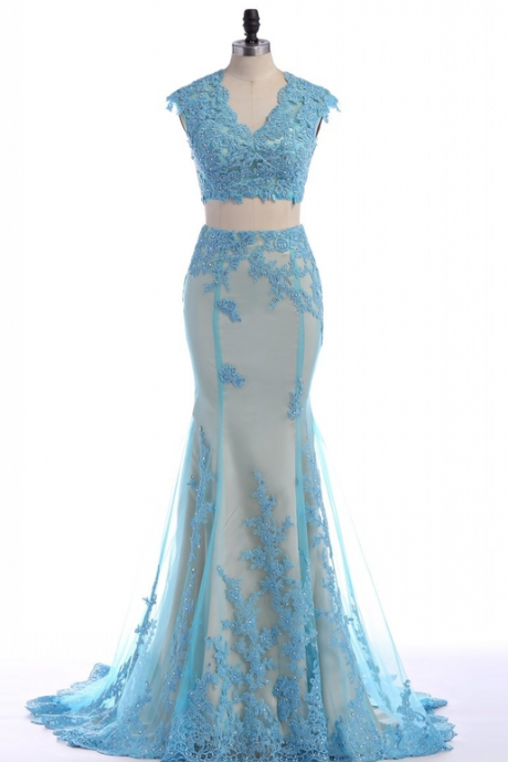 Two Piece Lace Applique Mermaid Prom Dress,evening Dresses