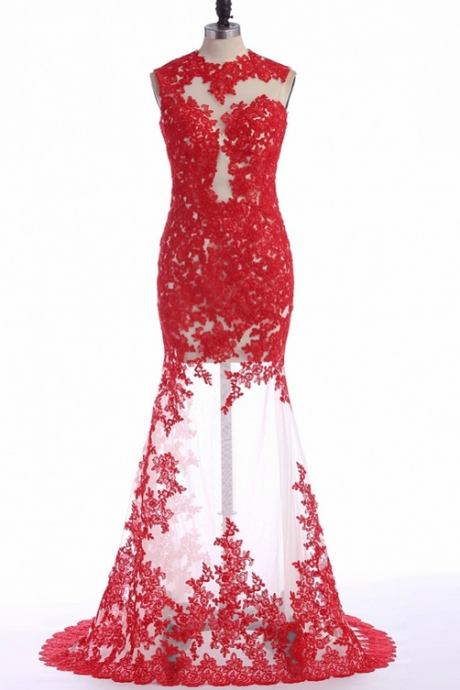 Sleeveless Backless Red Applique Prom Dress,evening Dresses
