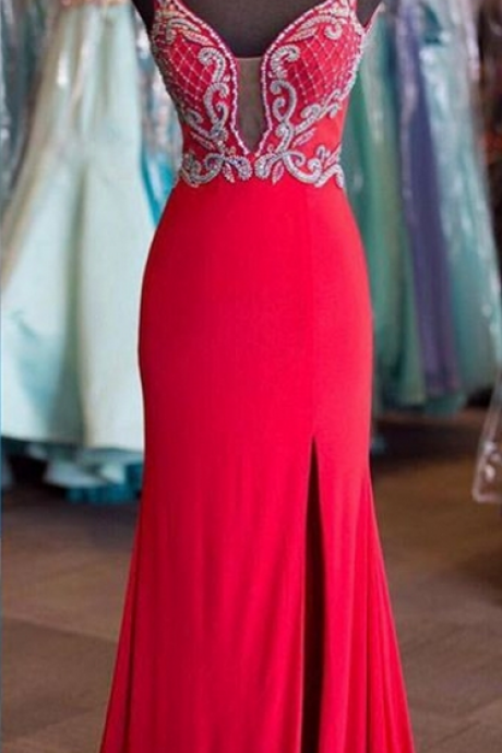 Red Plunging V Beaded Mermaid Long Prom Dress, Evening Dress Featuring Side Slit