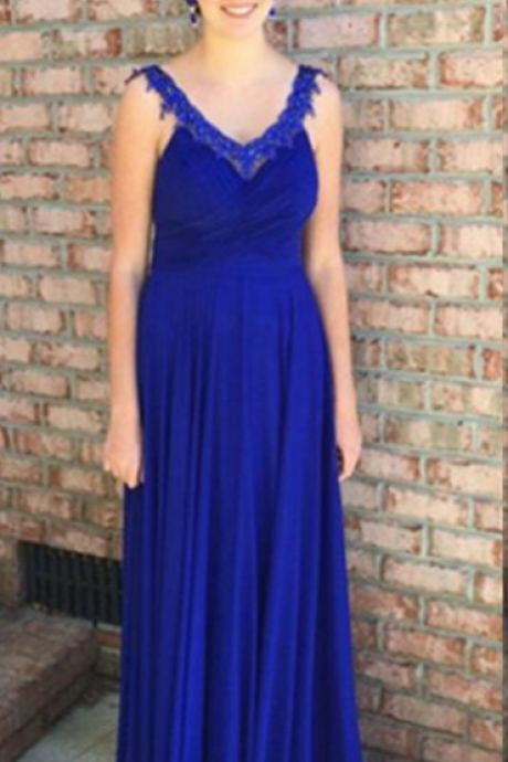 Blue A-Line V-Neck Sleeveless Natural Zipper Floor-Length Chiffon Prom Dresses 