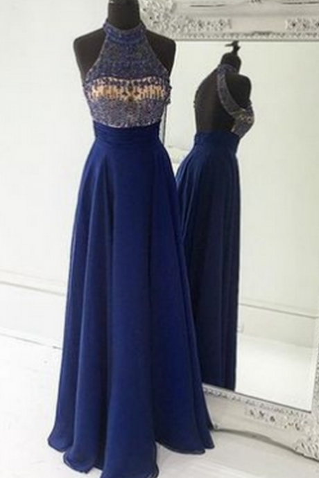 Blue A-line Halter Sleeveless Natural Backless Floor-length Chiffon Prom Dresses