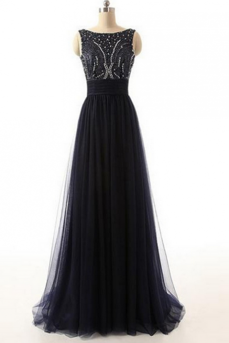 Black Long Sheath/column Bateau Tulle Prom Dresses