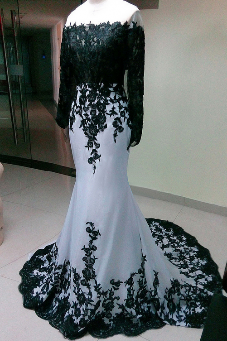Long Sleeves Elegant Whit Chiffon With Black Lace Prom Dress , Women Formal Party Dress,evening Dress