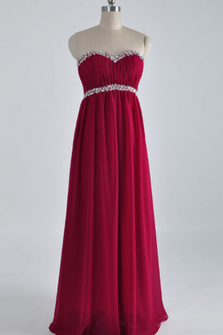 Beaded Embellished Burgundy Ruche Chiffon Sweetheart Floor Length A-line Formal Dress Featuring Lace-up Back, Prom Dress, Bridesmaid Dress
