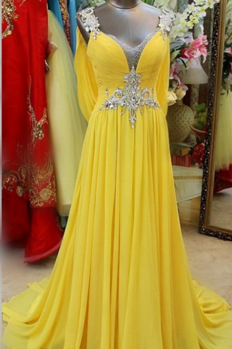 Backless Prom Dresses,long Crystal Beading Dresses, Yellow Evening Dresses, Formal Dresses Evening,