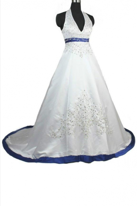 Gorgeous A-line Embroidery Satin Wedding Dresses Beaded Halter Neck Bridal Gowns