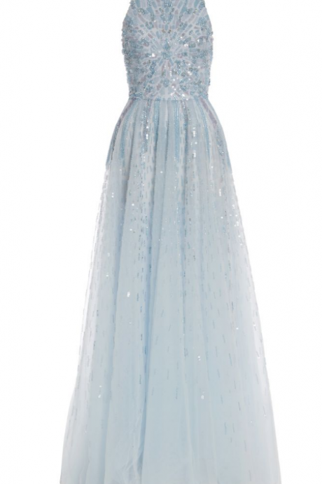 Light Blue Prom Dresses, Long Chiffon prom Dresses,Scoop neck Crystals prom Dresses, Custom Made Party Dresses
