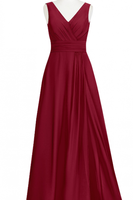 Elegant Burgundy V Neck Prom Dress,Low Back Formal Gown,Floor Length Bridesmaid Dress
