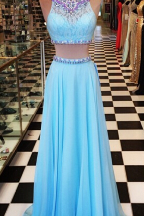 A Line Chiffon Turquoise Two Pieces Prom Dresses Crew Neck Beading Crystalslace Accents Evening Dresses Party Gowns Vestidos