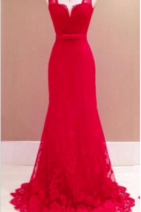 Ball Dress Mermaid Lace V Neck Sleeveless Shoulder Belt Halter Belt Fashion Red Floor Length Cocktail Dress