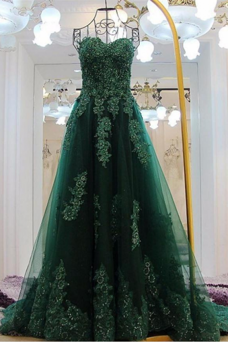 Dark Green Prom Dress Sweetheart Applique Beaded Long Evening Dress