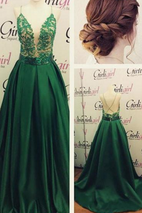 Sexy A-line Deep V Spaghetti Straps Lace Beading Prom Dress Green Beautiful Long Lace Prom Dress For Woman
