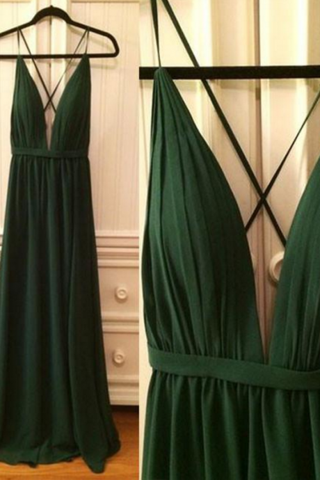 Custom Made Dark Green A Line Plunge V Neck Chiffon Long Guest Wedding Dress