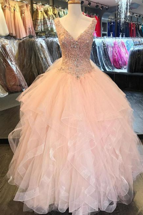 Pink Evening Dress V Neck Sequins Beaded Long Prom Dress