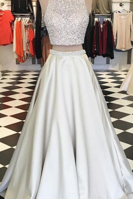 Sparkle Two Piece A-line Sleeveless Ivory Floor-length Beaded Prom Dress