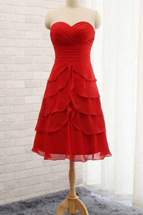 Short Puffy Sweetheart A Line Keen Length Red Bridesmaid Dresses