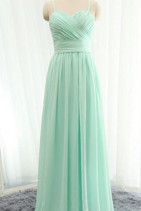 Fashion Sweetheart Spaghetti Straps A Line Long Chiffon Pleat Back Bow Zipper Mint Green Girl's Long Evening Dress Prom Dress