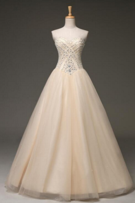 Custom Made Sweetheart Luxury Beading Champagne A-line Party Dress Bridesmaid Dress Long Prom Evening Dress