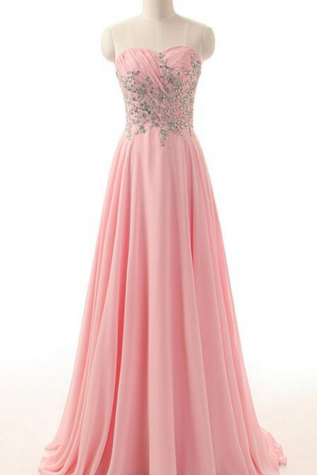 Custom Made Pink Sweetheart Neckline Chiffon Evening Dress With Crystal Beading , Prom Dress, Wedding Dress, Bridesmaid Dresses