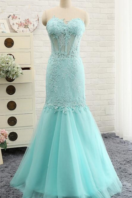 Sexy Lace Mermaid Prom Dresses Sheer Sweetheart Mint Green Long Tulle Customized Formal Party Dress
