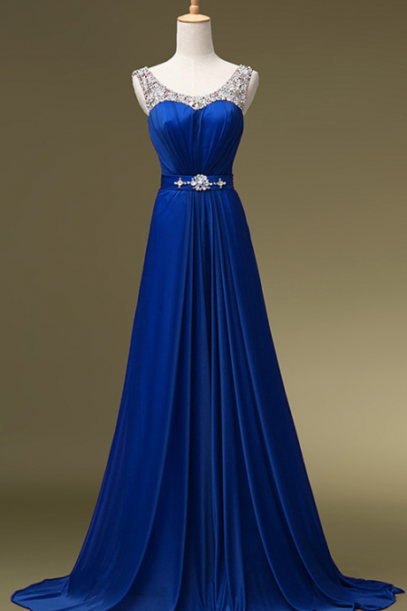 Elegant Royal Blue Sparkle Sleeveless Long Chiffon Prom Dress, Evening Dress