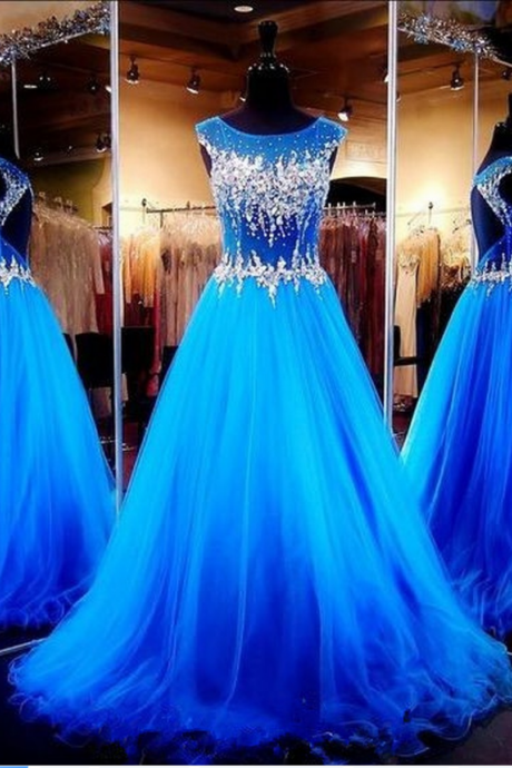 Royal Blue Crystals Luxury Prom Dresses Capped Sleeves Sheer Hollow Back A-line Pageant Dresses 