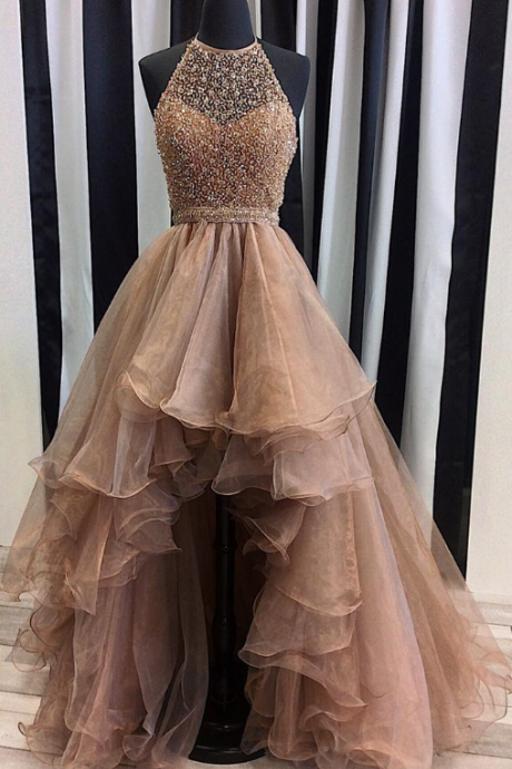 sequins beaded prom dress,organza prom dress,high low prom dress,halter prom gowns,champagne prom dress