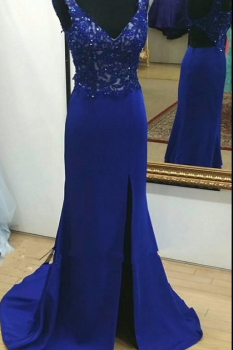 Prom Dress,split Side Evening Dress ,blue High Neck Evening Dress,lace Appliques Formal Dress With Beaded,long Prom Dress