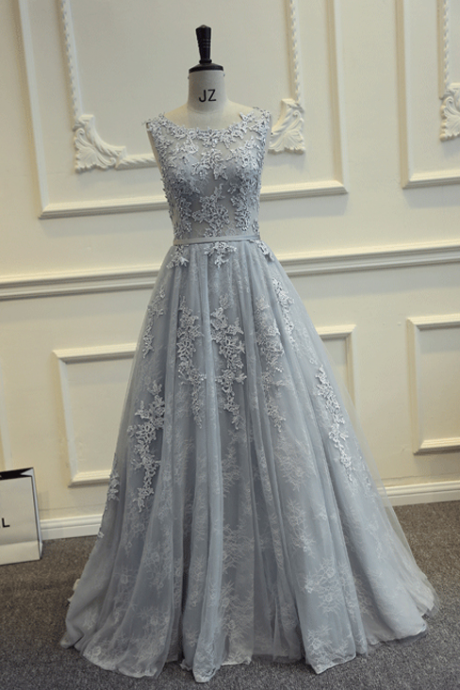 Real Photos Grey Long Prom Dresses Floor Length Tulle With Lace Party Dresses