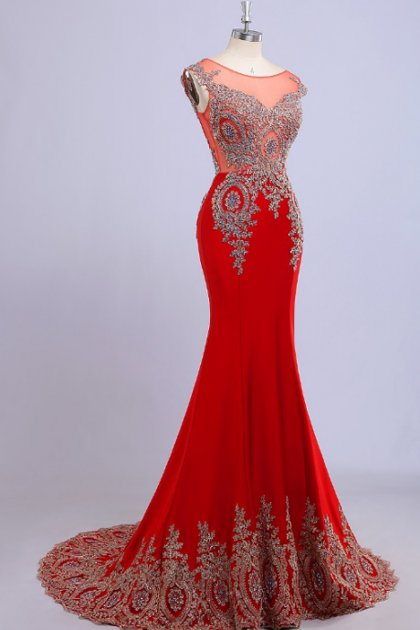 Scoop Sleeveless Beads Crystal Floor Length Backless Evening Dress vestidos de festa Mermaid Red Prom Dresses