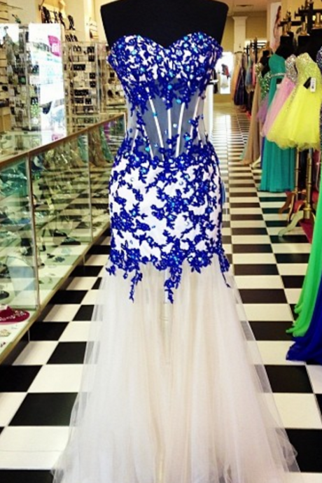 Royal Blue Strapless Sweetheart Lace Appliqués Corset Mermaid Floor-length Prom Dress, Evening Dress