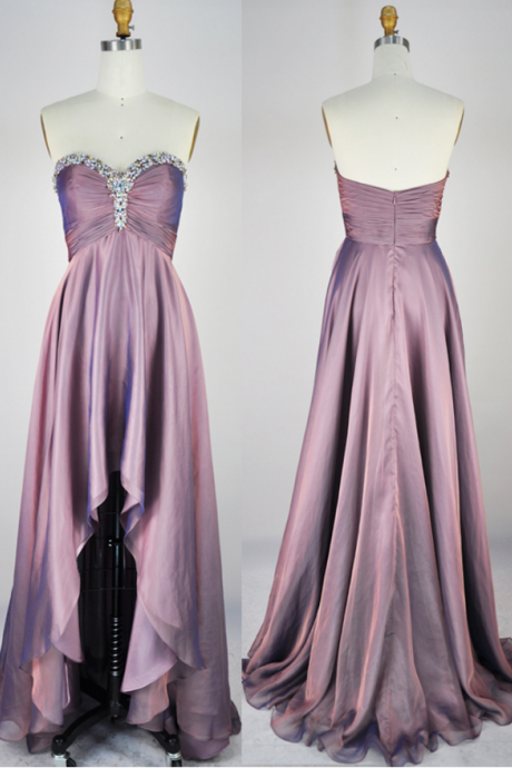 Custom Made Purple Sequin Embellished Sweetheart Neckline Ruched High Low Prom Dress