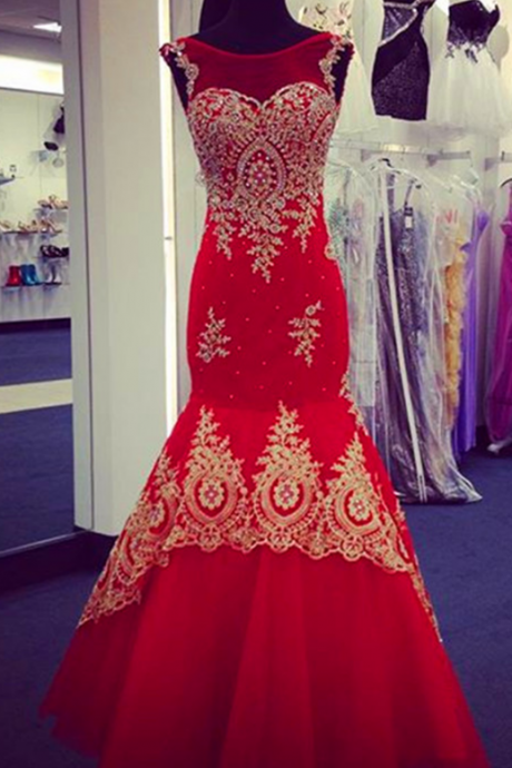 Prom Dress, Prom Dress,modest Prom Dresses,red Mermaid Evening Dresses Gold Lace Appliques Cap Sleeves Prom Gowns