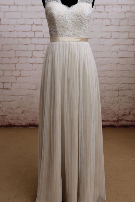 Champagne A-line Floor-length Wedding Dress With Sheer Pleated Overlay And Lace Bodice