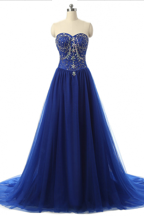 Royal Blue Beading Tulle Long Prom Dresses,pretty Sweetheart Evening Dresses,custom Formal Prom Dresses